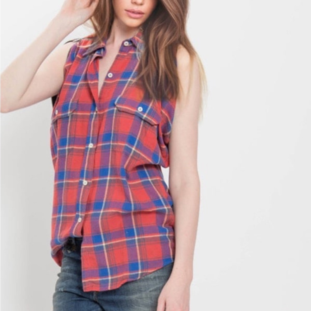 Plaid Sleeveless Button-Up Top